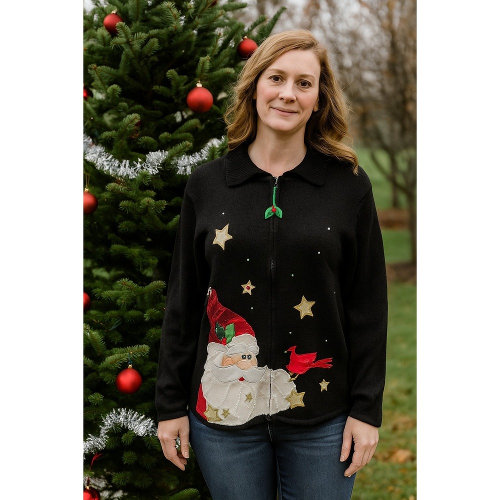 Vintage Classic Elements Christmas Santa Clause Cardigan Womens XL Black
